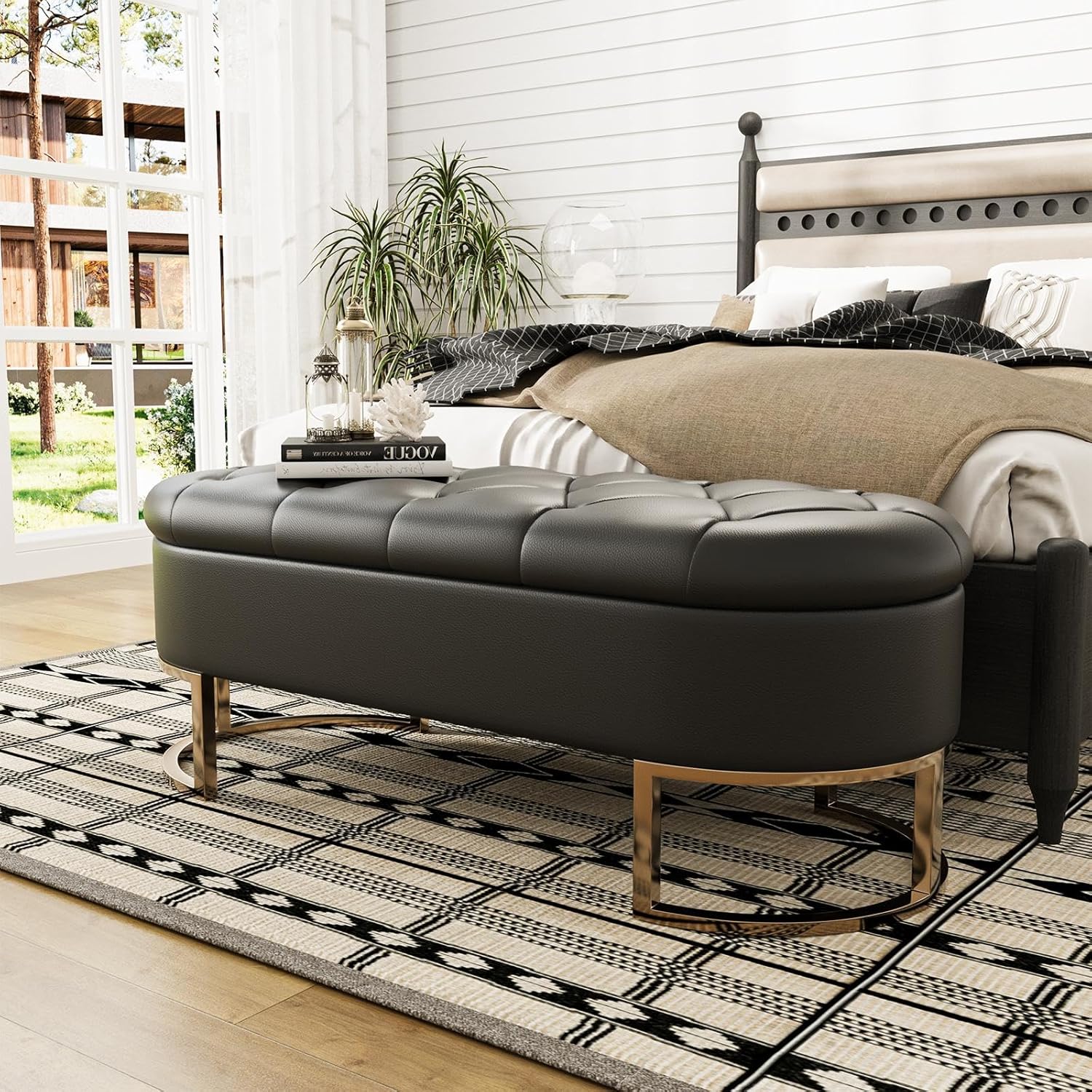 Vabches Ottoman Storage Bench, Upholstered Leather Long Stool with Metal Legs, Modern Storage Bench