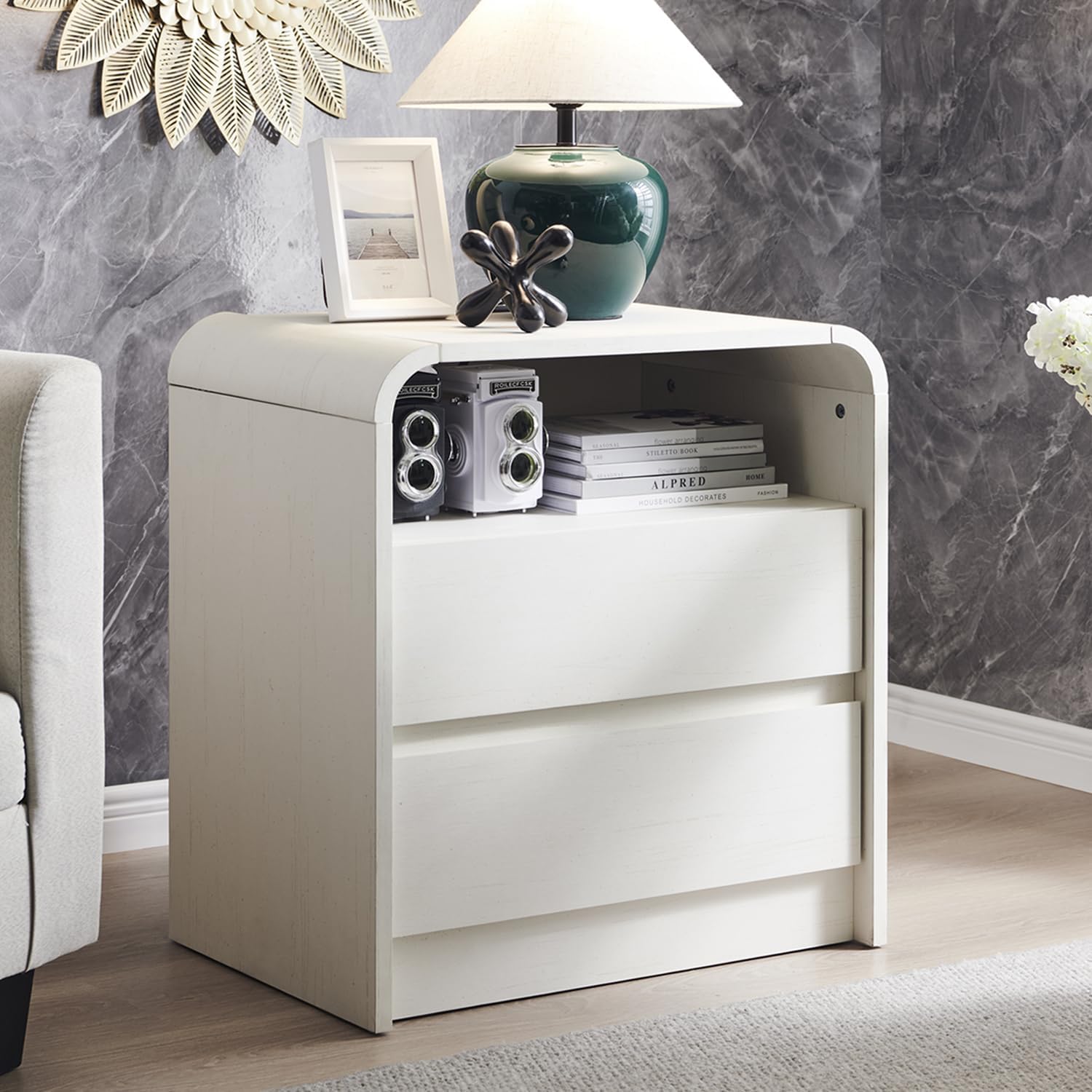 Modern Nightstand with Charging Station, Wide Wood Bedside Table w/2 Storage Drawers for Bedroom & L