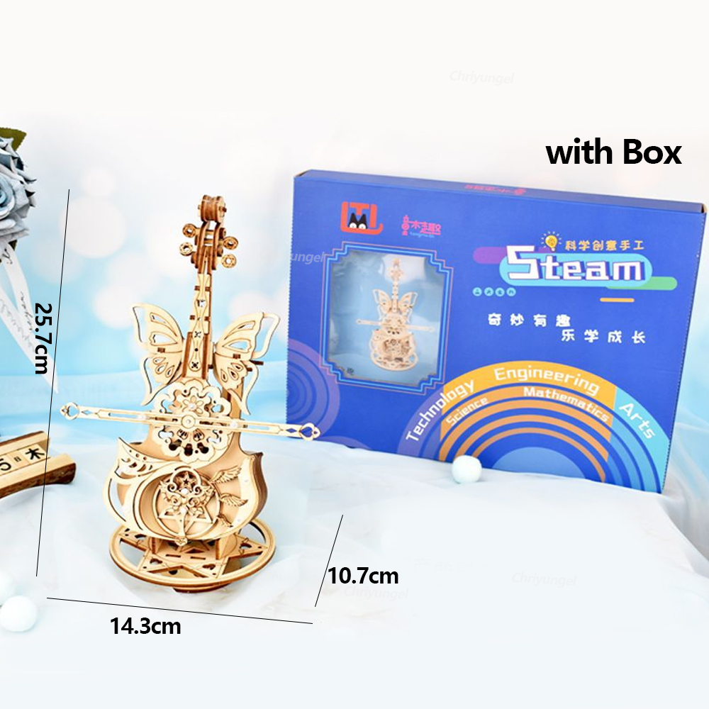 3D Puzzle Wooden Cello Model DIY Assembly Music Box with Dancing Butterflies, Home Living Room Decor