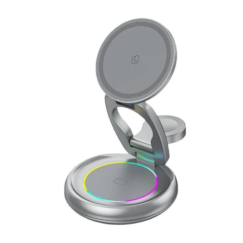 15W 3 in 1 Magnetic Wireless Charging Stand with LED Lights Rotatable Desktop Dock