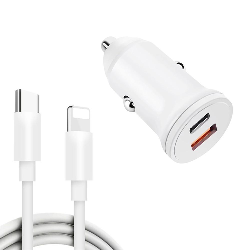 Dual Port PD 20W & QC 25W USB-C Car Charger with USB-C to 8 Pin Fast Charging Cable