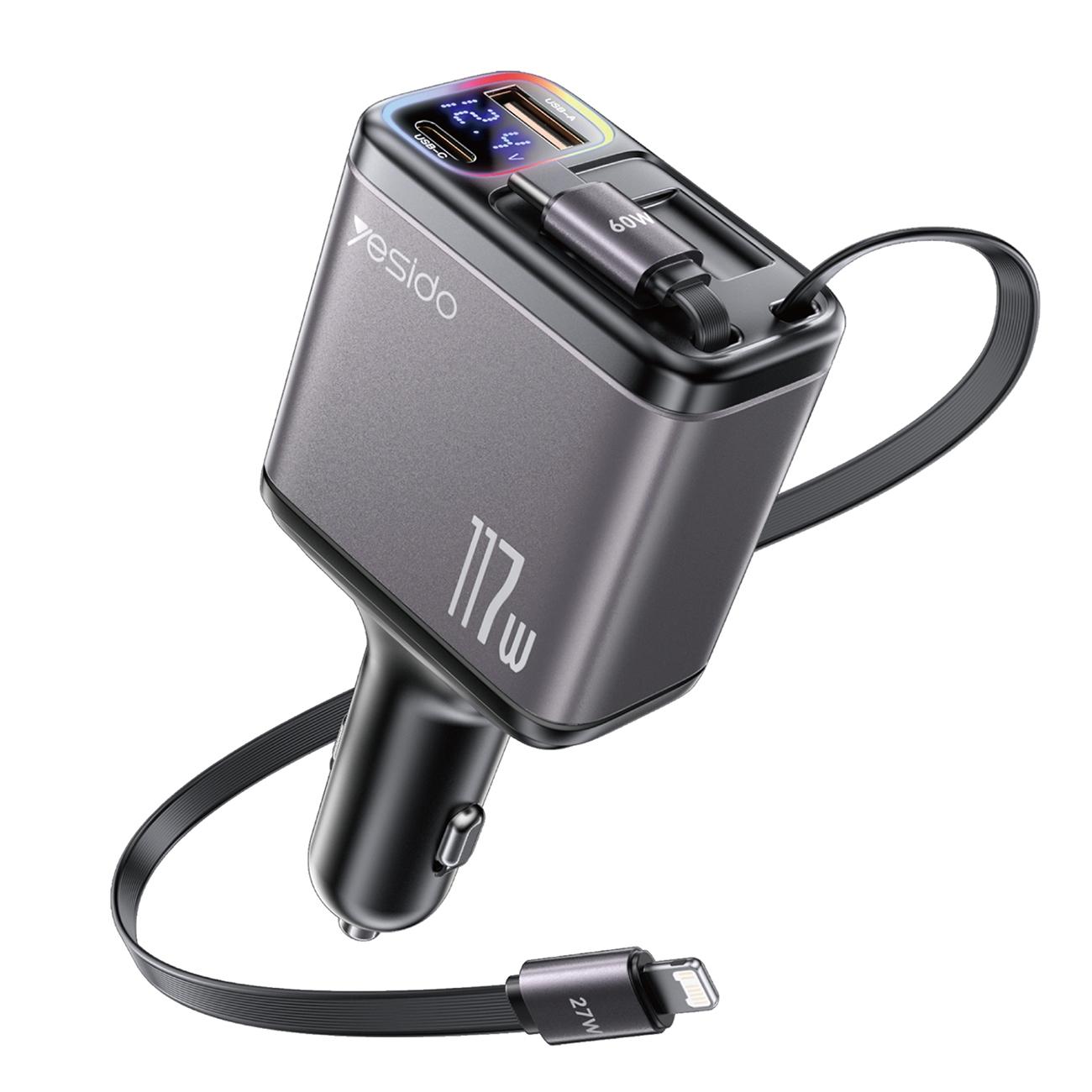 Y63 117W 4-in-1 USB-C Retractable Car Charger Fast Charging Digital Display
