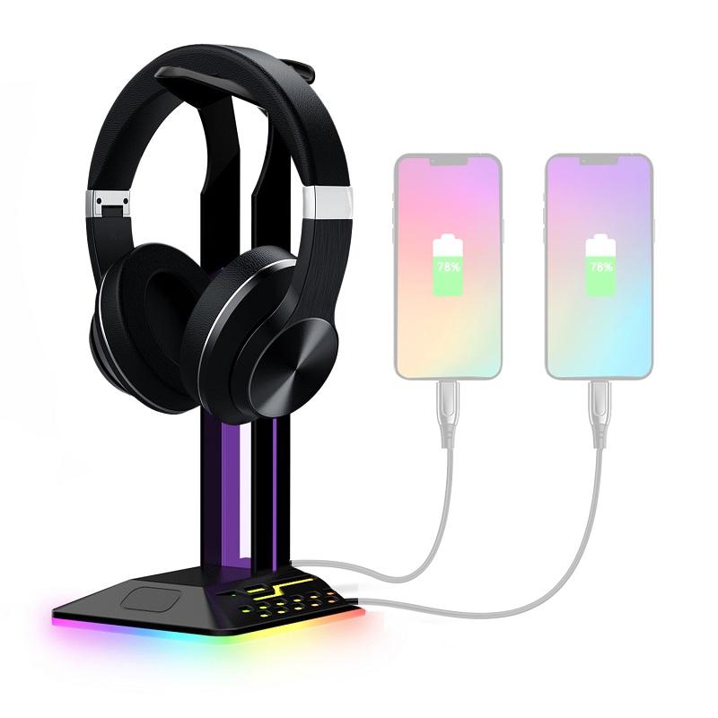 RGB Gaming Headset Stand with Dual USB Hub & Color-Changing LED Desktop Organizer
