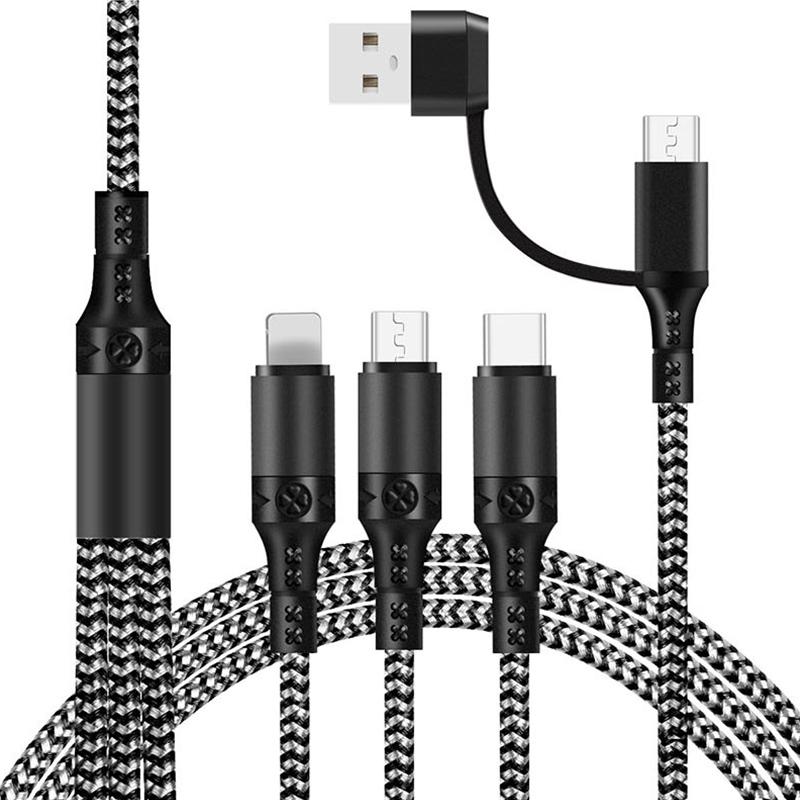 5 in 1 Charging Cable 3A Fast Multi Charging Cable with USB C Lightning Micro USB Braided 1.2M