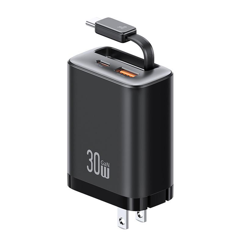 USAMS 30W GaN Fast Charger with Retractable USB C Cable Multi Port Wall Charger US Plug