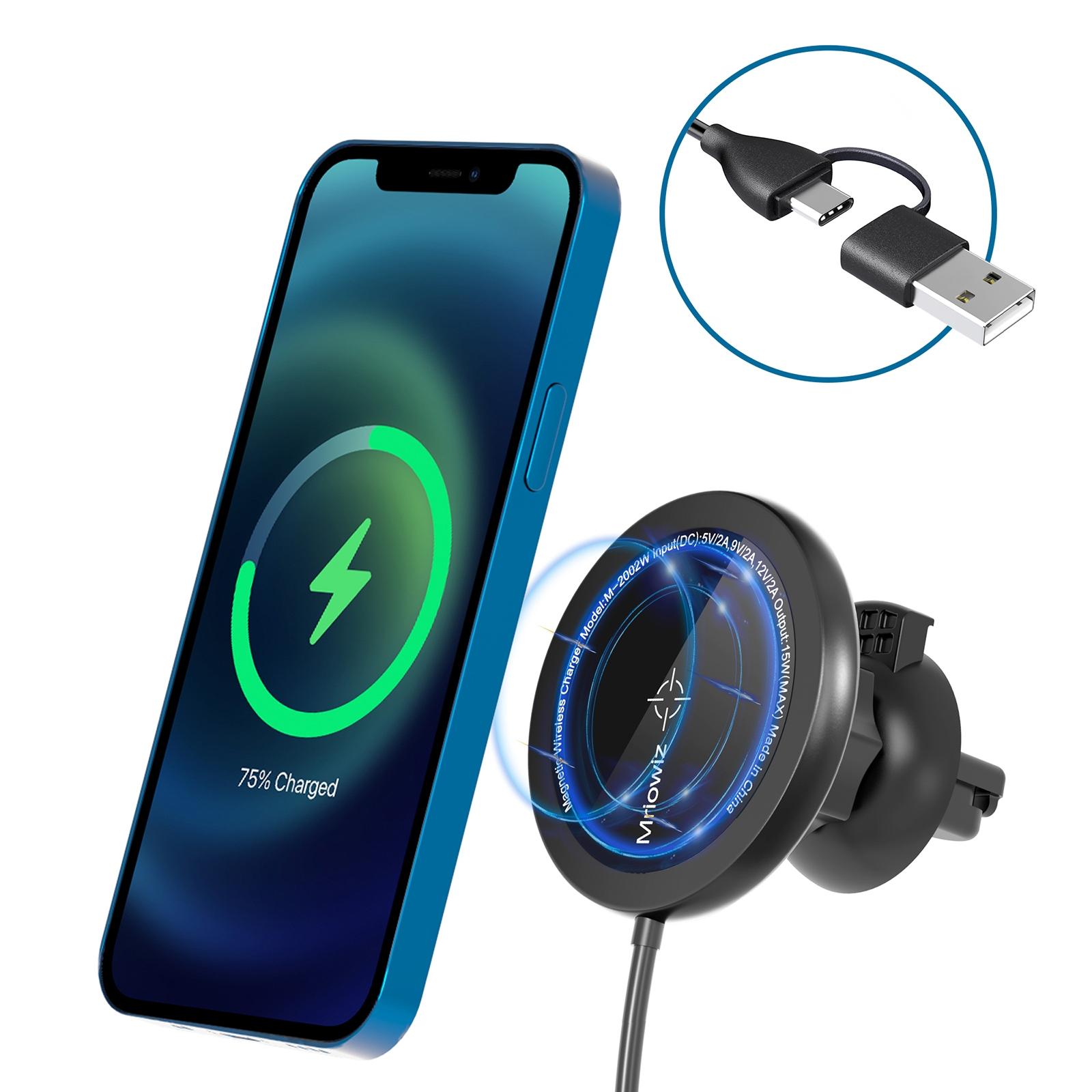 Mriowiz 15W MagSafe Car Charger Magnetic Wireless Car Phone Mount with 360 Degree Rotation