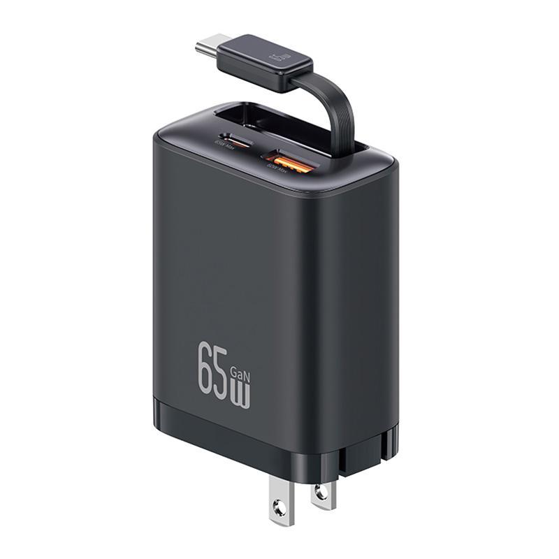USAMS CC300 65W GaN Charger with Retractable USB-C Cable 3 Port USB-C Fast Charger US Plug