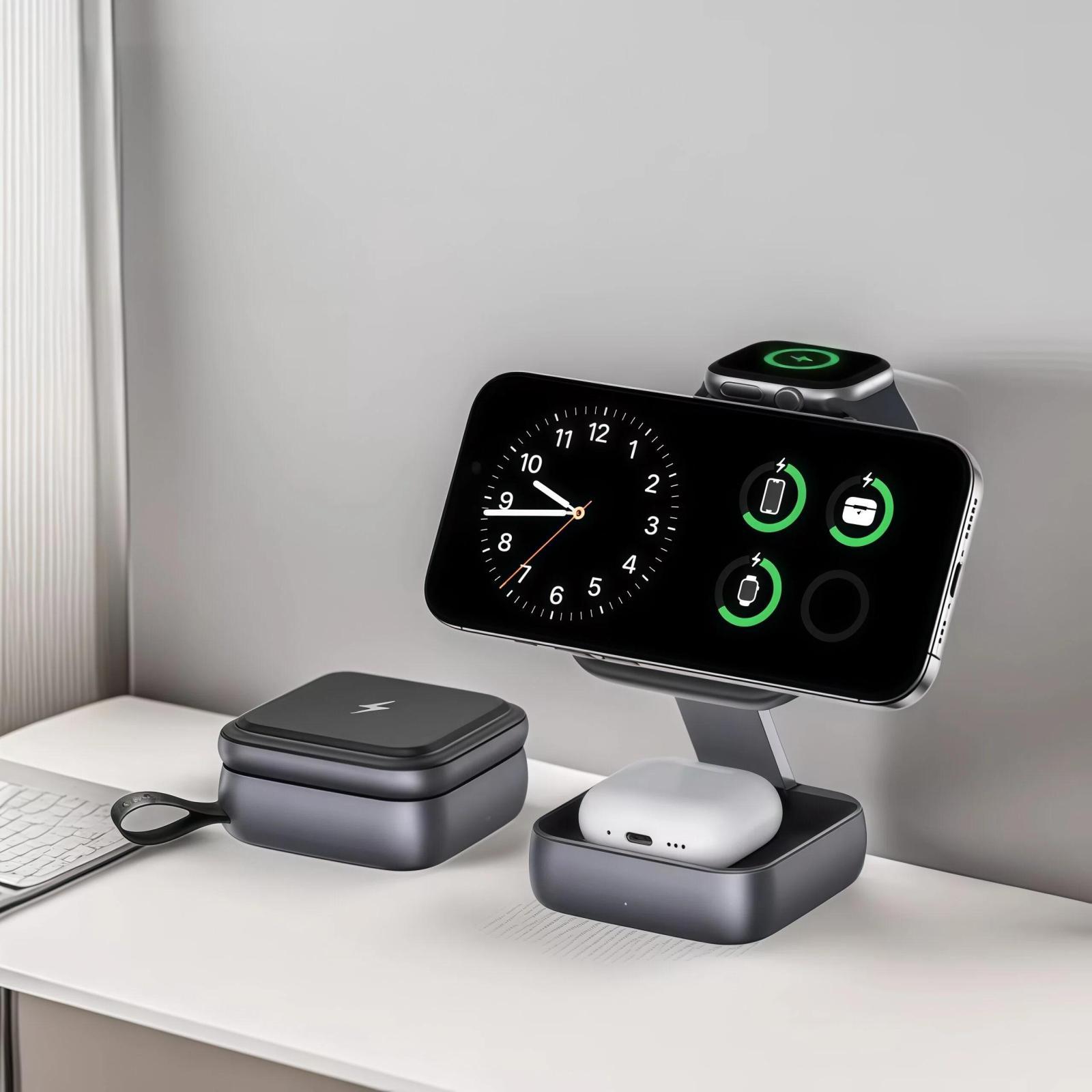 3 in 1 Wireless Charger Magnetic Foldable Charging Station for Phone, Watch and Earbuds Dark Gray