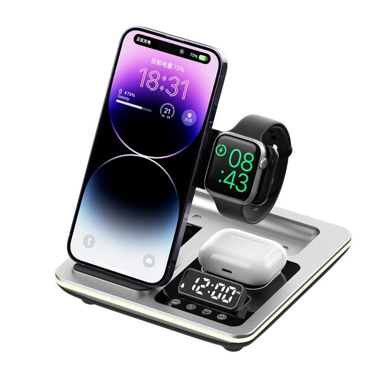 A93 15W 5 in 1 Wireless Charging Station Foldable Magnetic Phone Stand with Clock and RGB Light