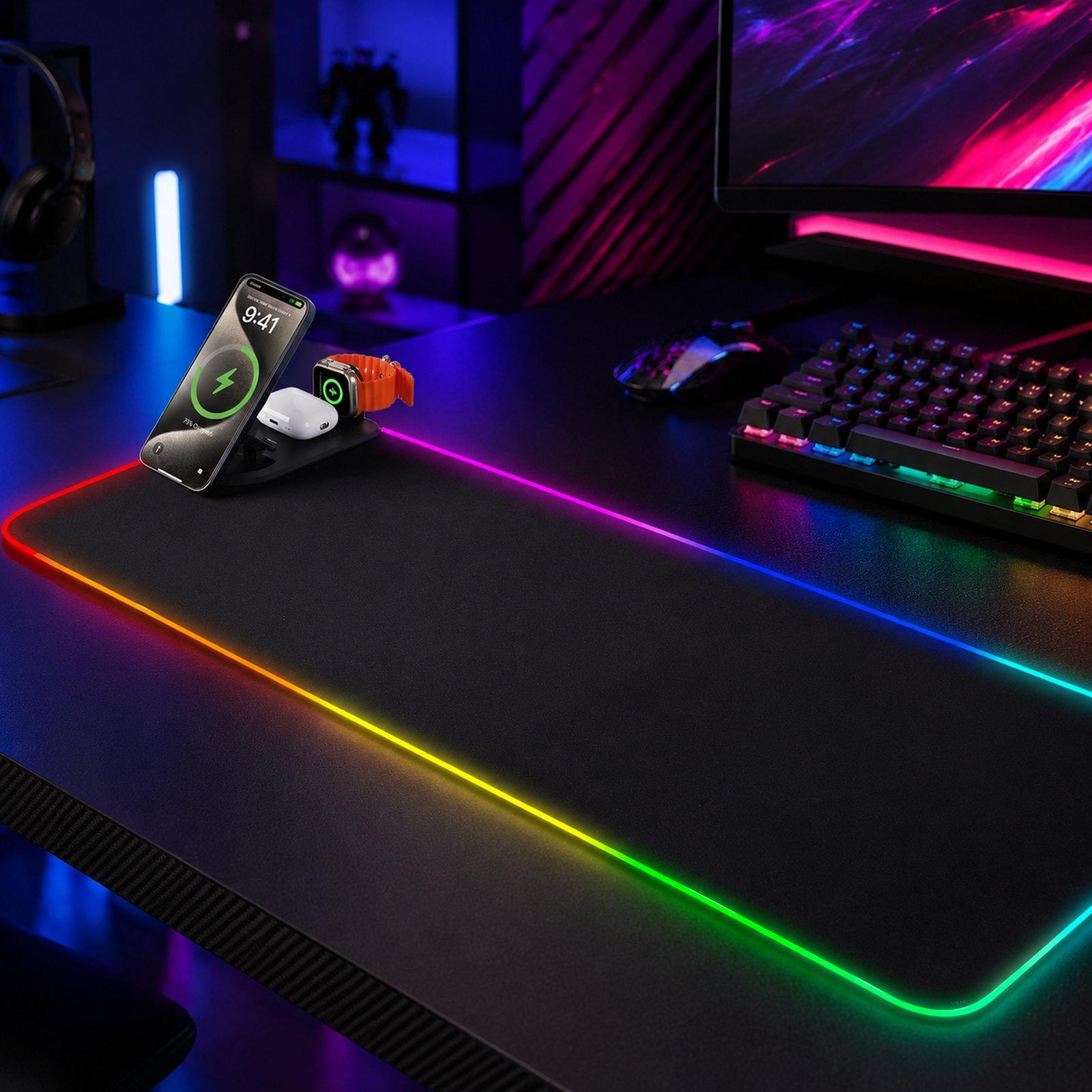 3 In 1 Wireless Charging Mouse Pad RGB Gaming Desk Mat With 15W Fast Charger