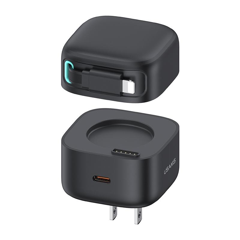 USAMS 35W GaN Fast Charger Dual Port USB C Charger with Retractable 8 Pin Cable US Plug