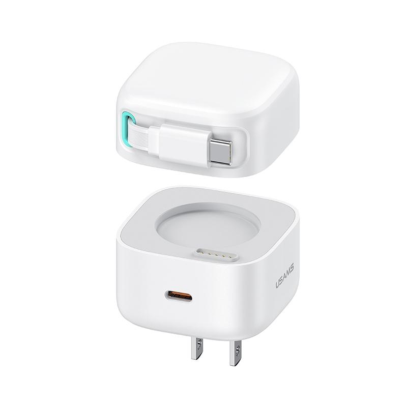 USAMS 35W GaN Fast Charger Dual USB C PD Wall Charger with Retractable Cable US Plug White