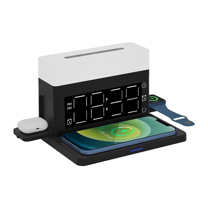 N65 6 in 1 Wireless Charger Fast Wireless Charging Station with Clock Alarm LED Light for Phone Watch Earbuds