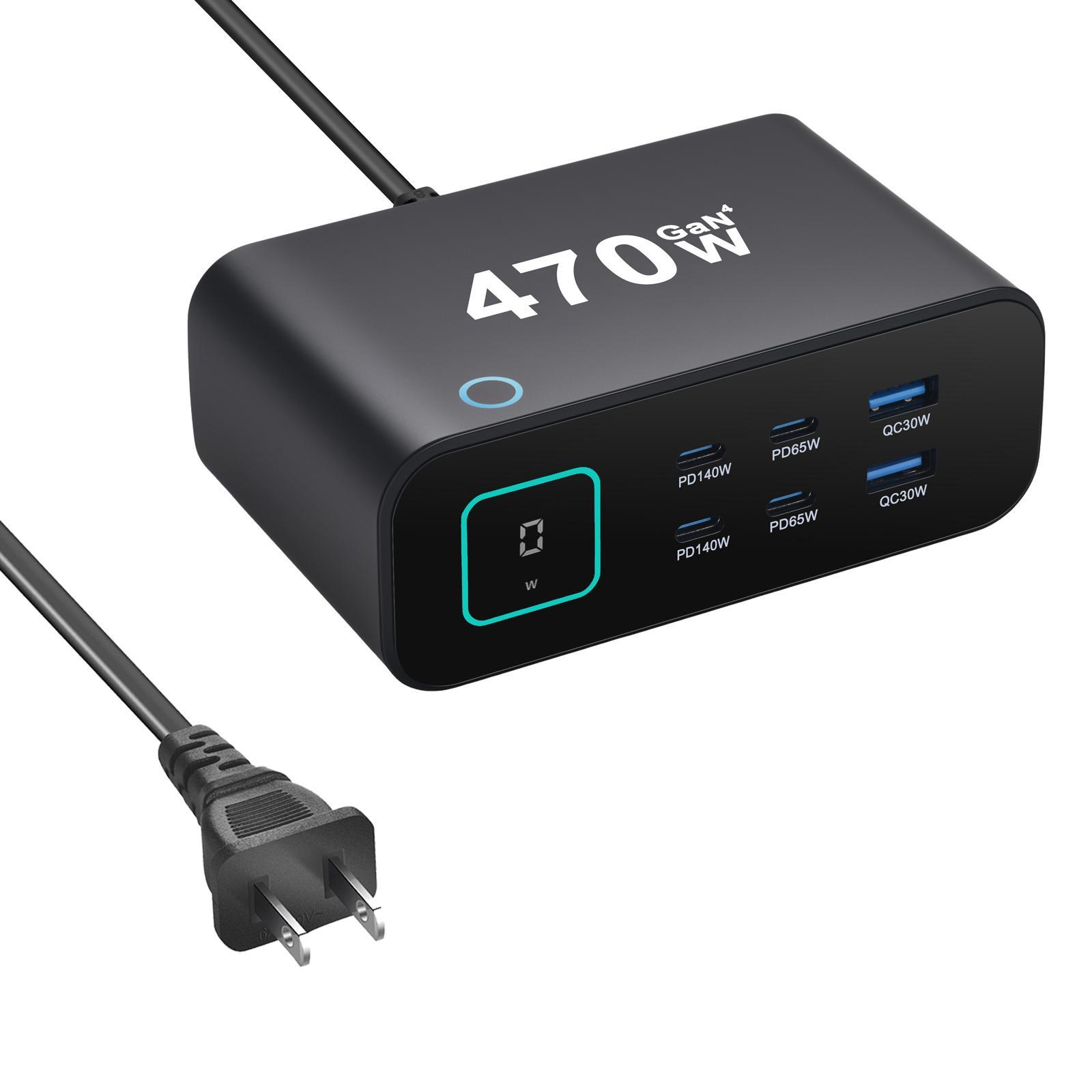 YMX 470W GaN Charger 6 Port USB C Charger with Smart LCD Display Fast Charging Station