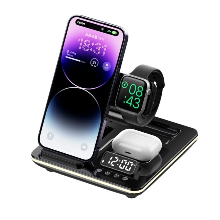 A93 5 in 1 Wireless Charger Foldable Wireless Charging Station with Phone Stand Alarm Clock and RGB Light