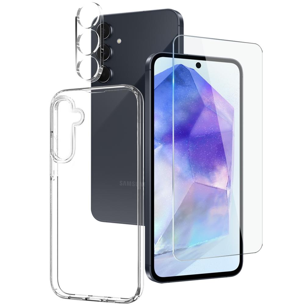 Samsung Galaxy A55 5G Clear Case with Tempered Glass Screen Protector and Camera Lens Protector