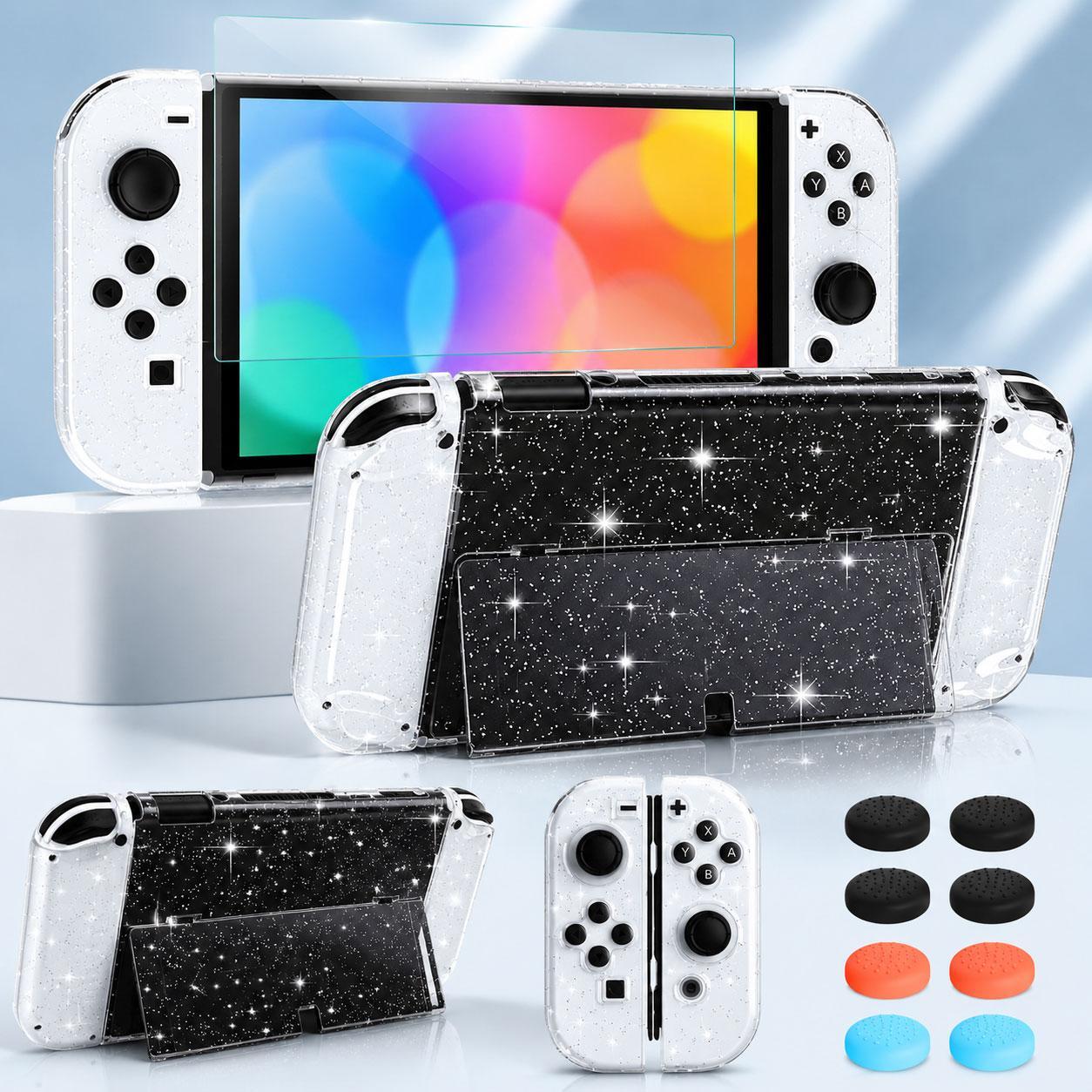 Nintendo Switch Clear Case with Tempered Glass Screen Protectors and Thumb Grips Set