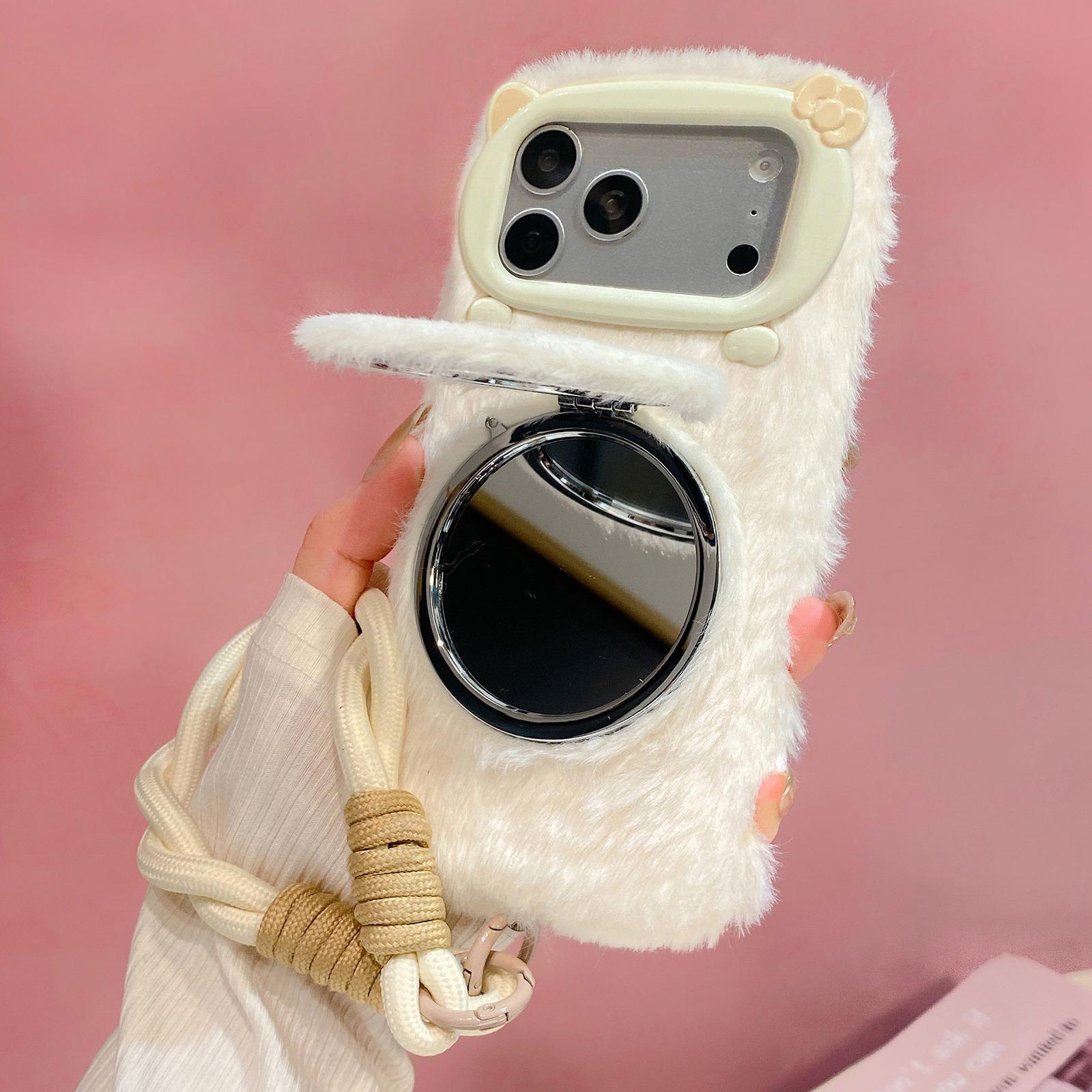 Plush Bow-Tie Cat Mirror Phone Case with Wrist Strap for iPhone 18 Pro
