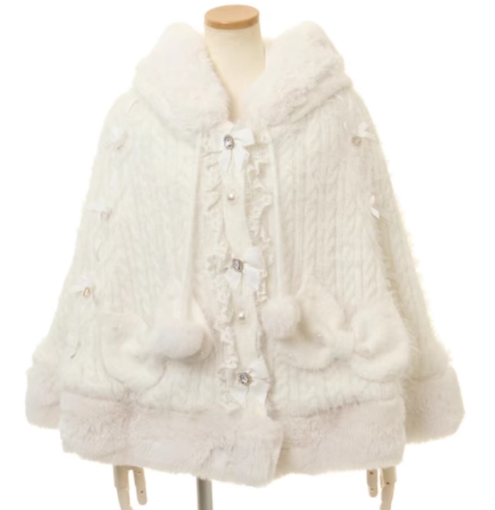Japanese Sweet Soft Thick Women's Double-Layer Big Ribbon Hooded Knitted Cloak, Cozy Autumn & Winter Ponchos with Hood