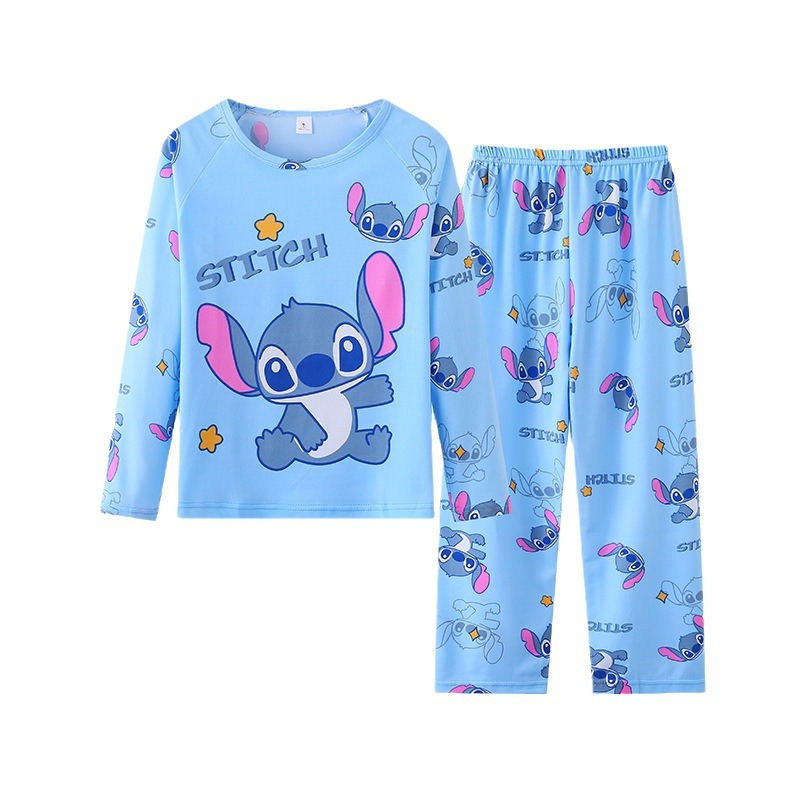 Spring Summer Stitch Homewear Pajamas for Kids, Baby Soft Milk Silk Blue Anime Stitch Long Sleeve Sleepwear Sets