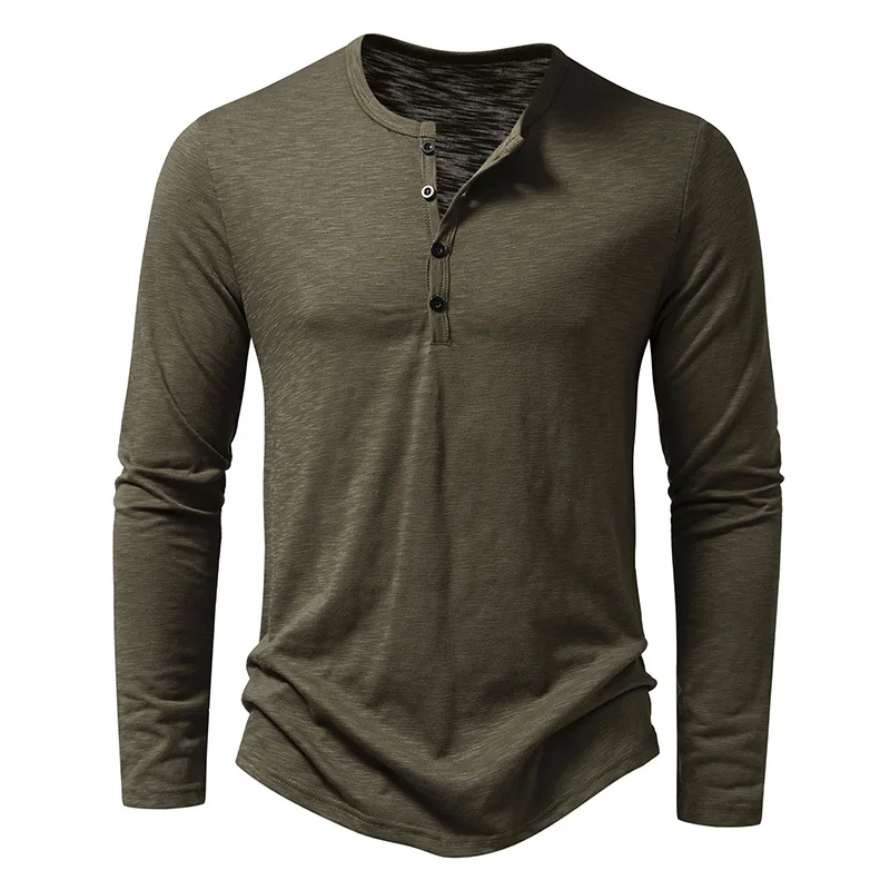 Mens Autumn Cotton Button Long Sleeve Henley Neck T-Shirt, Casual Solid Color Breathable Slim Fashion Versatiles