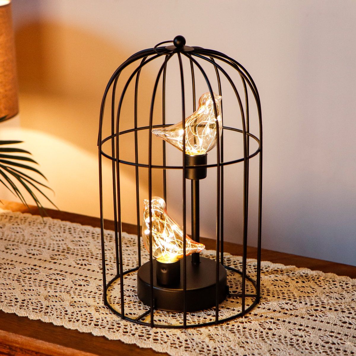 12 Inch Birdcage Decorative Lamp Cordless Table Lamp with Warm White Bird Lights