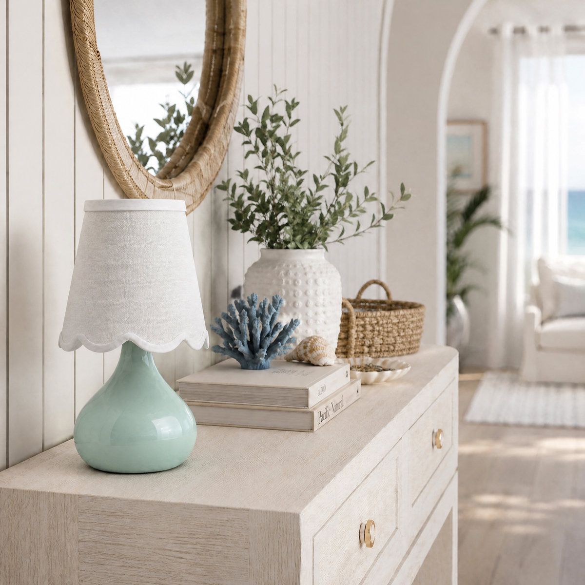 14in Cordless Ceramic Table Lamp with Scalloped Linen Shade