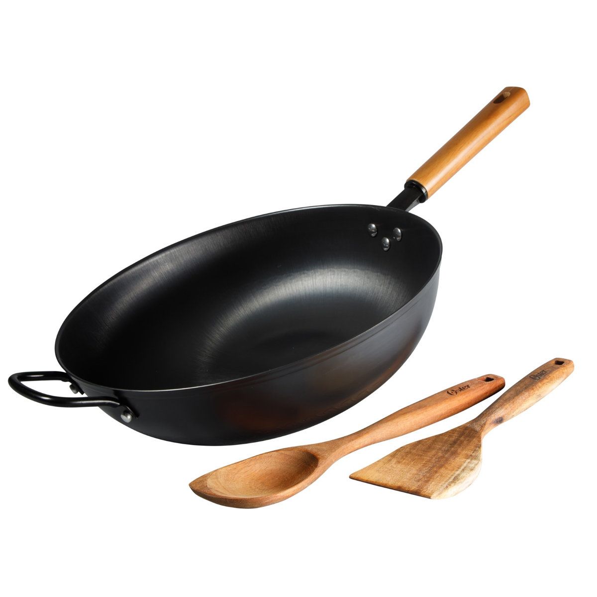Dunwood 13.8 Inch Carbon Steel Wok Set with Flat Bottom and Wood Utensils