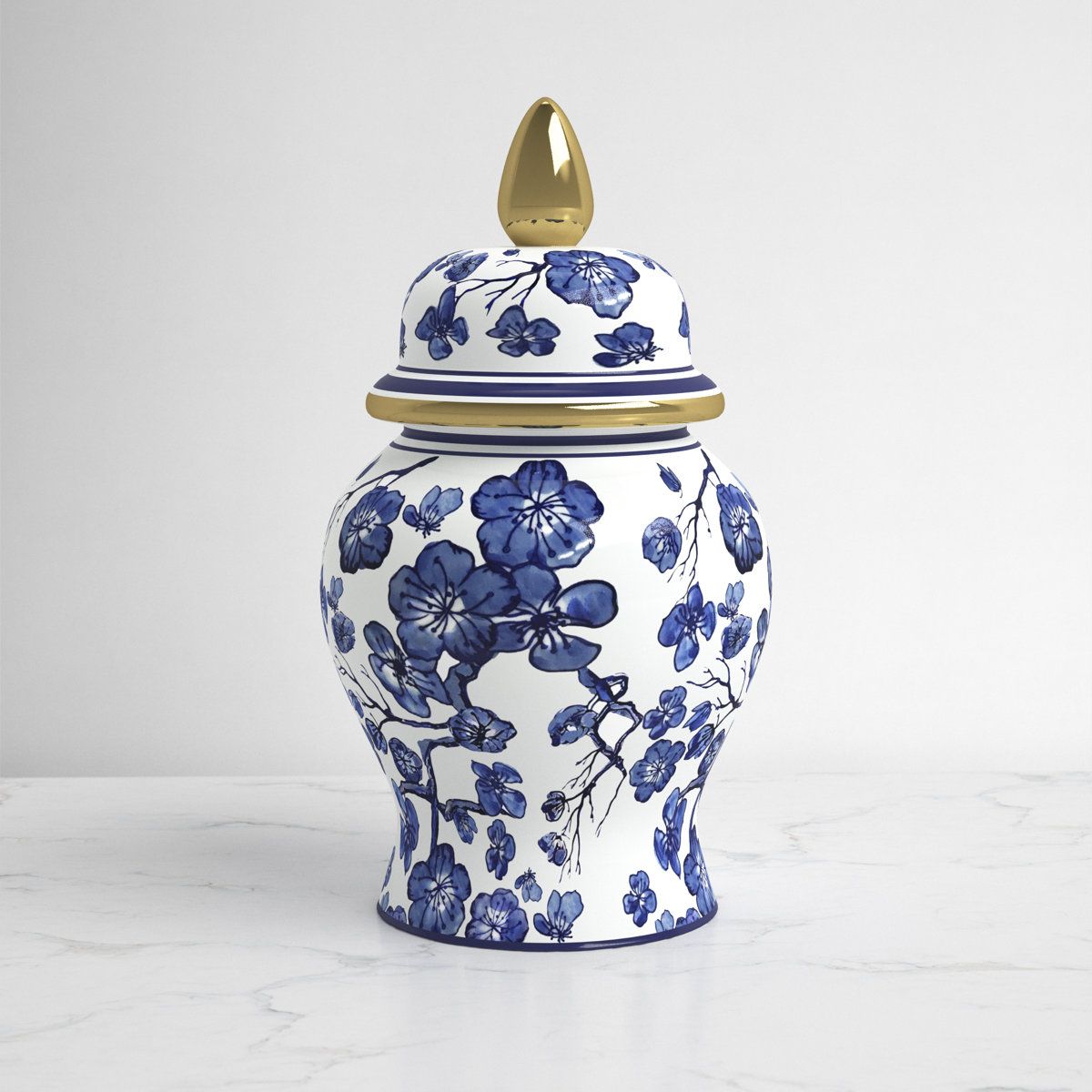 Manado 14 Inch Blue and White Ginger Jar with Lid Chinoiserie Ceramic Temple Jar