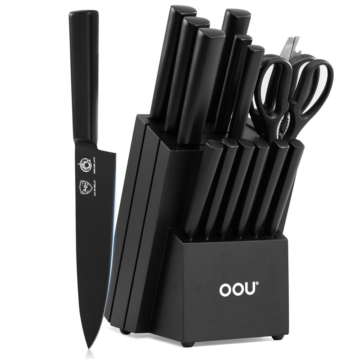 15 Piece German Stainless Steel Kitchen Knife Set with Built In Sharpener Block