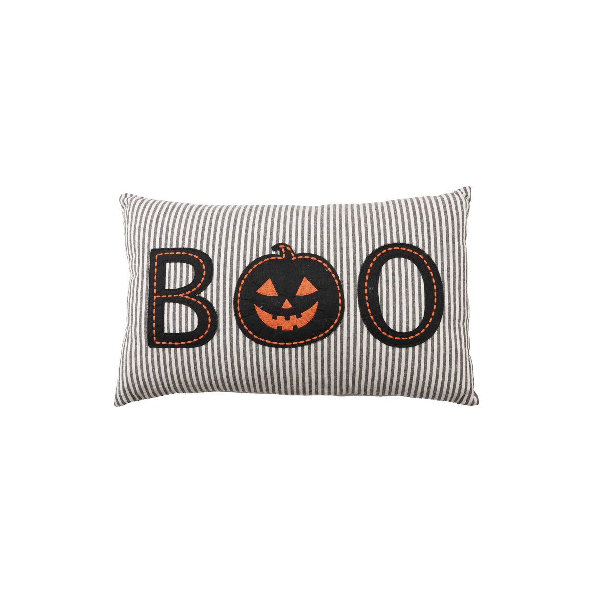 Modern Cotton Striped Lumbar Pillow with Pumpkin Applique | Fall Decorative Accent