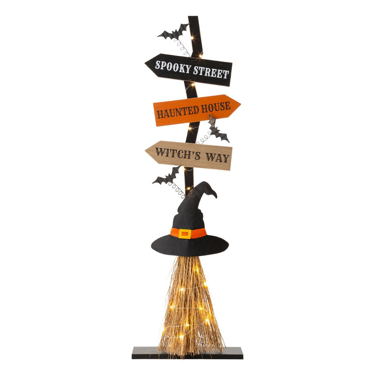 Lighted Wooden Witch Broom Halloween Porch Decor with LED Lights