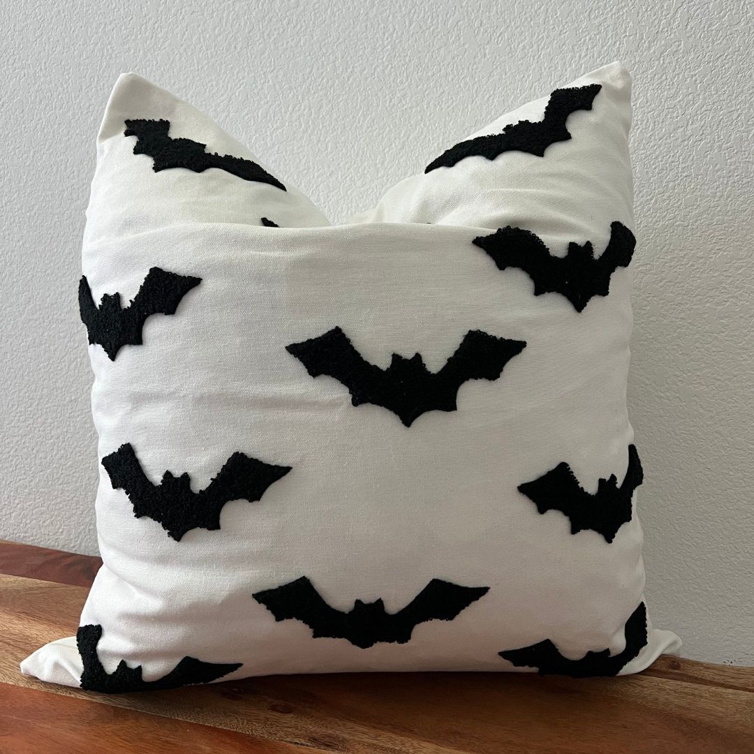 Bat Print Textured Cotton Pillow Cover 20x20 Seasonal Throw