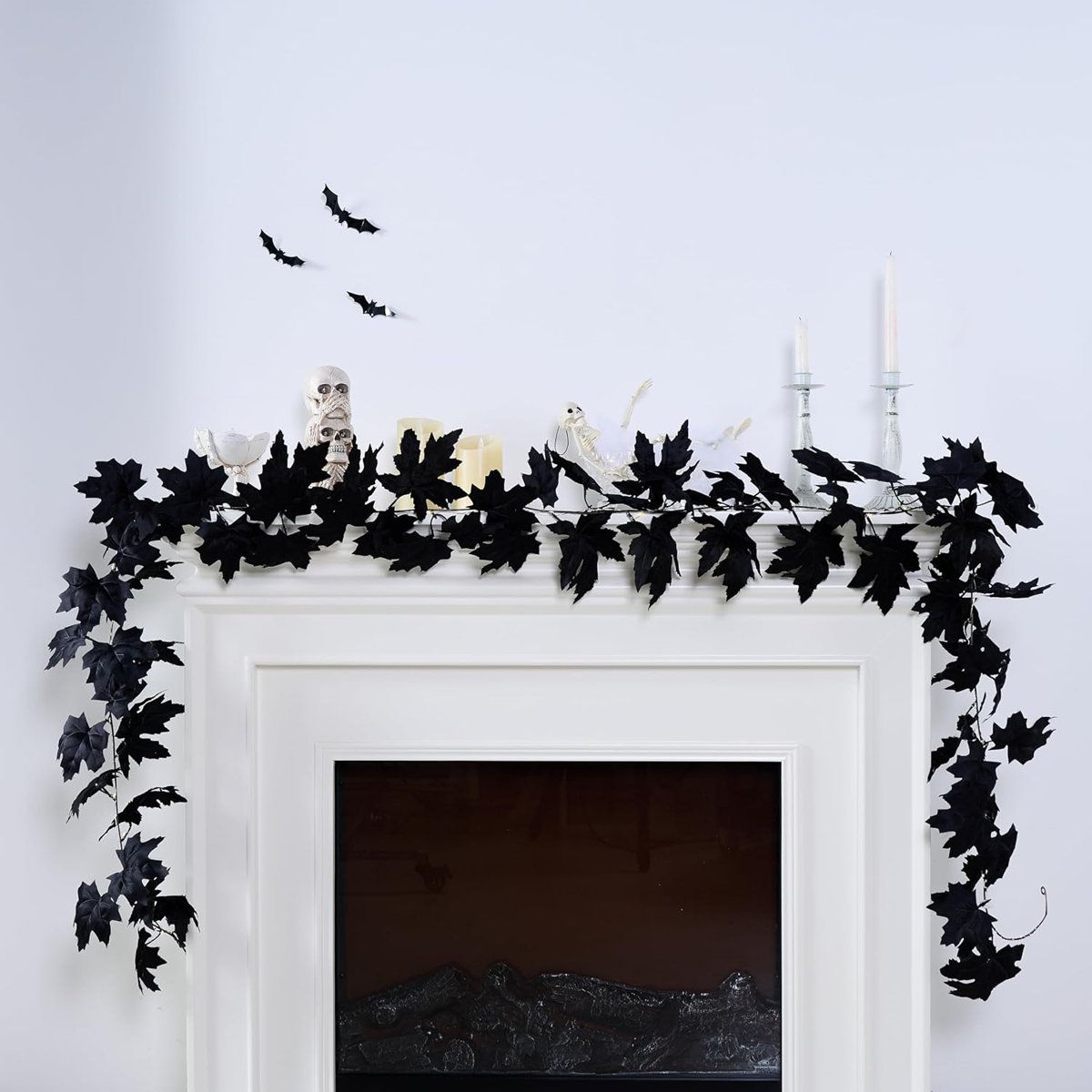9ft Pre Lit Halloween Garland with Black Maple Leaves and LED Lights