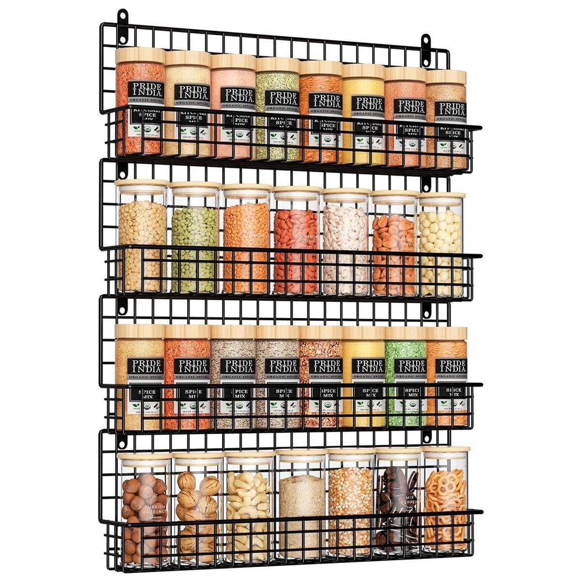 4 Tier Wall Mounted Spice Rack Stackable Black Metal Kitchen Pantry Organizer