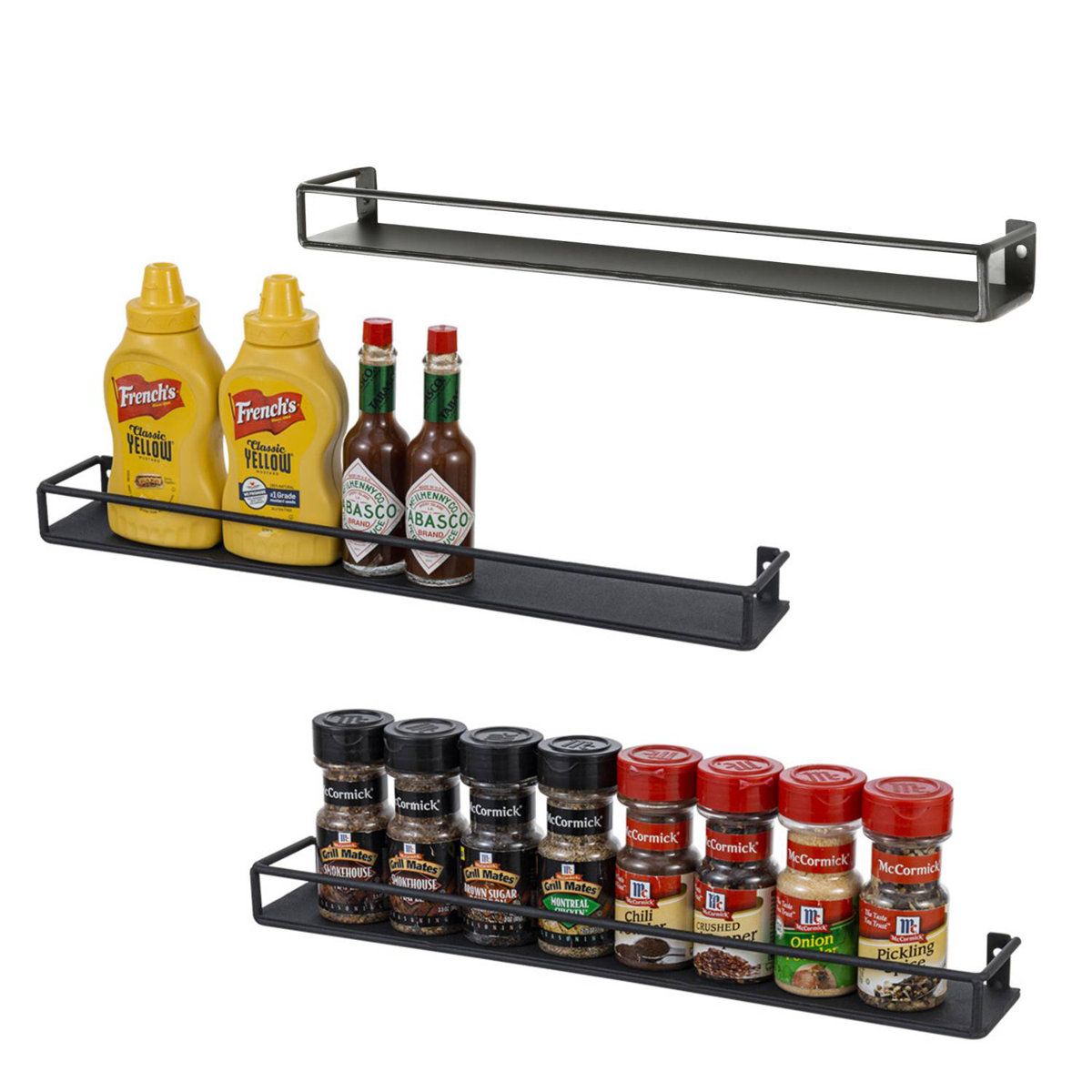 3 Piece Wall Mounted Spice Rack Matte Black Metal Kitchen Organizer