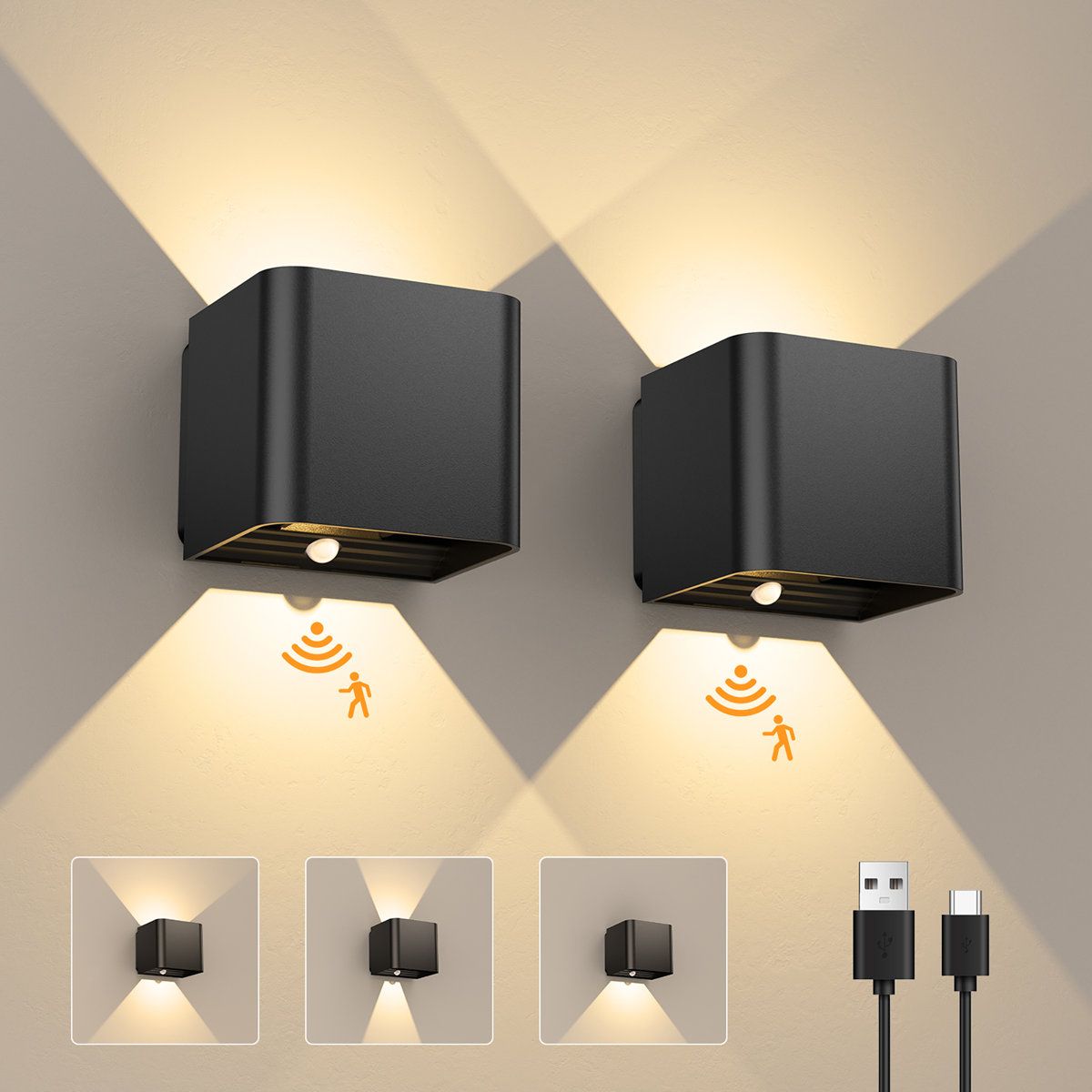 Rechargeable Motion Sensor Wall Lights Adjustable Warm White Indoor Outdoor Sconces Set of 2