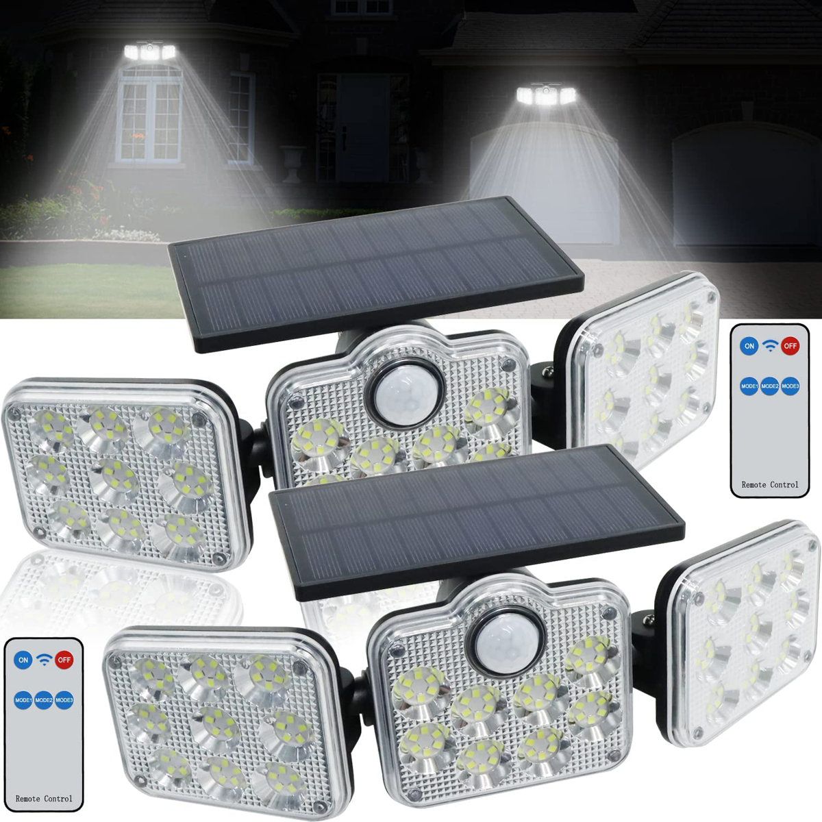 138 LED Solar Motion Sensor Security Lights 800LM IP65 Outdoor Flood Lights 2 Pack
