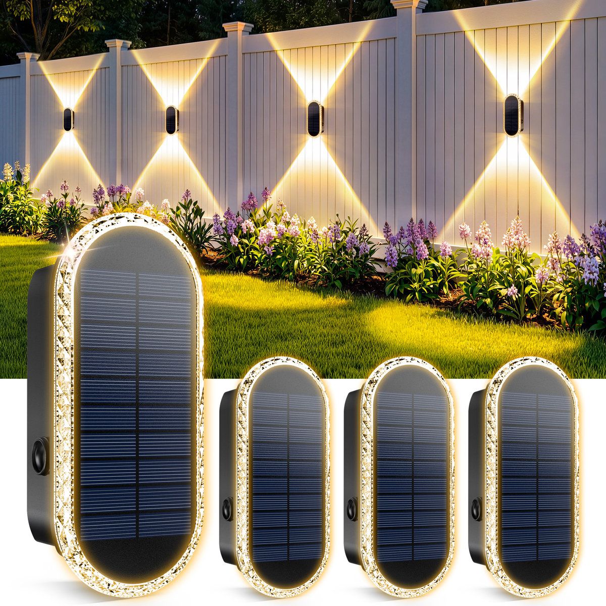 Solar Fence Lights Outdoor 3 Color Dusk to Dawn Up Down Wall Lights Set of 4