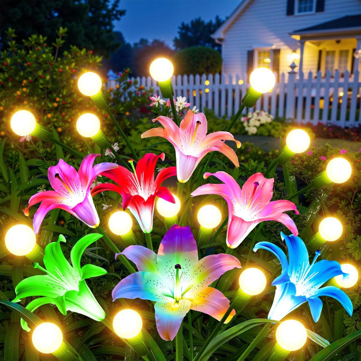 Solar Lily Firefly Garden Lights Waterproof Swaying Outdoor Pathway Decor Set of 4