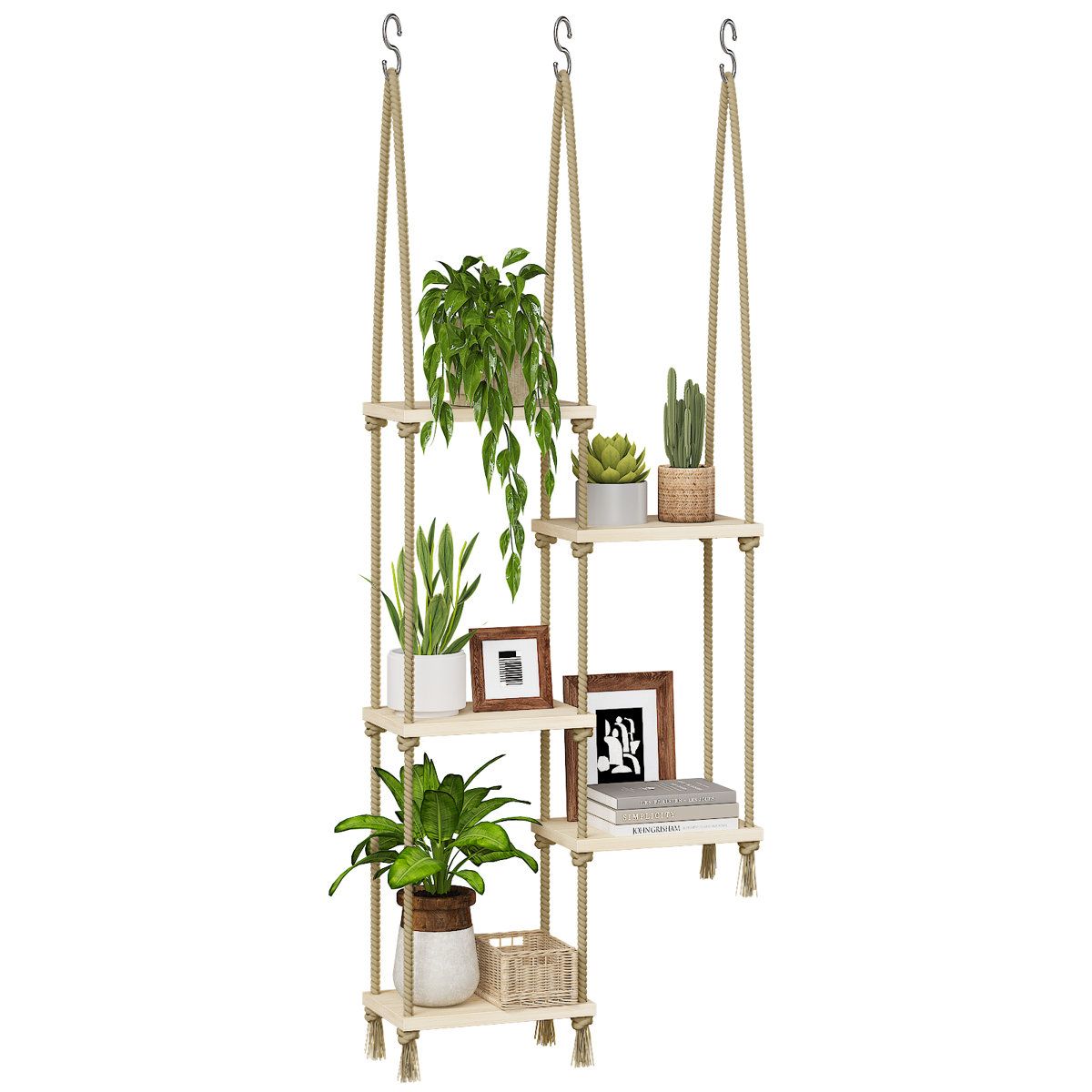 Boho Hanging Plant Shelf 5 Tier Wooden Window Plant Stand