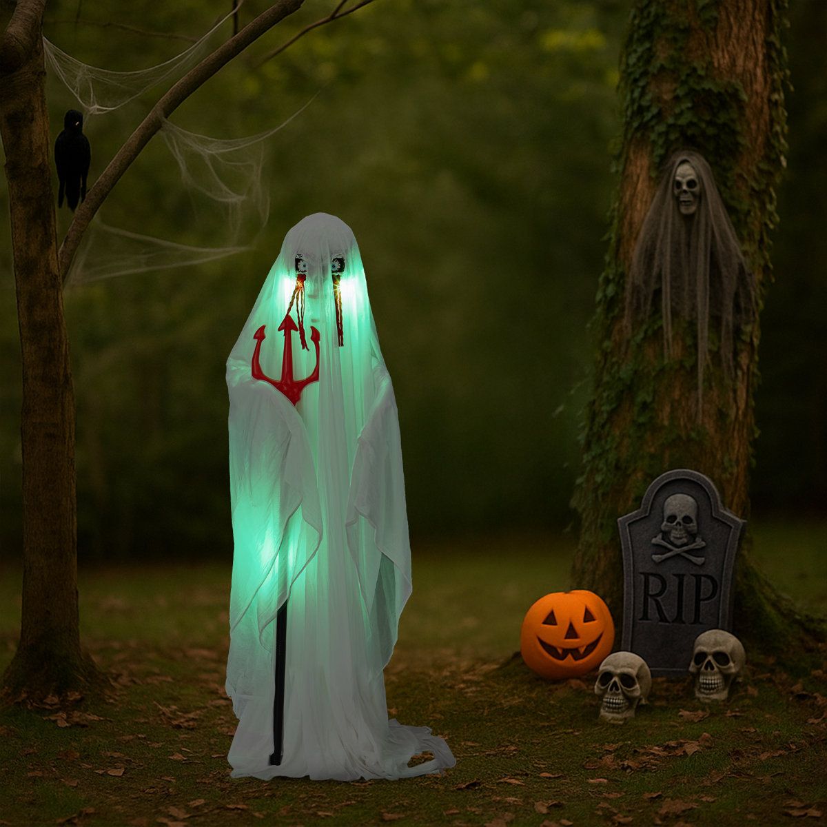 4.3 FT Sound Activated Halloween Animatronic Ghost with Green LED Lights