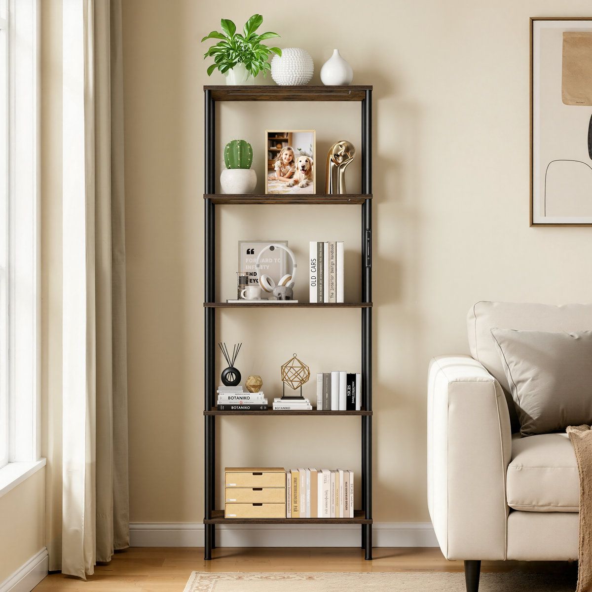 5 Tier Bookshelf with LED Lights Touch Remote Control and Dimmable Lighting