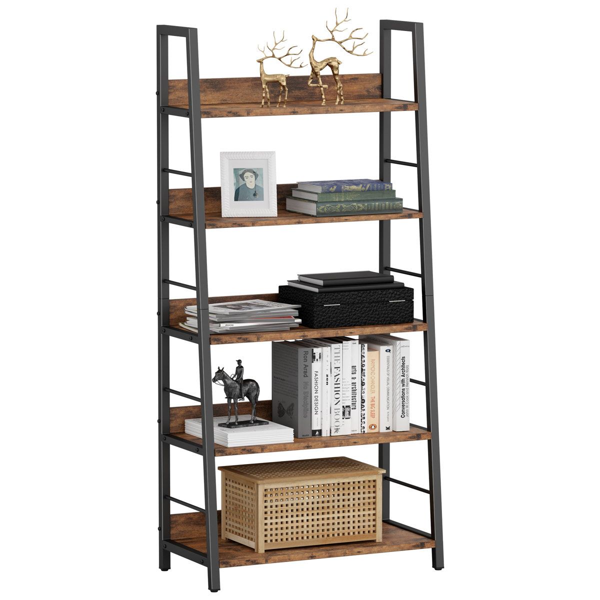 Keedy 59 Inch 5 Tier Industrial Ladder Bookshelf Wood and Metal Bookcase