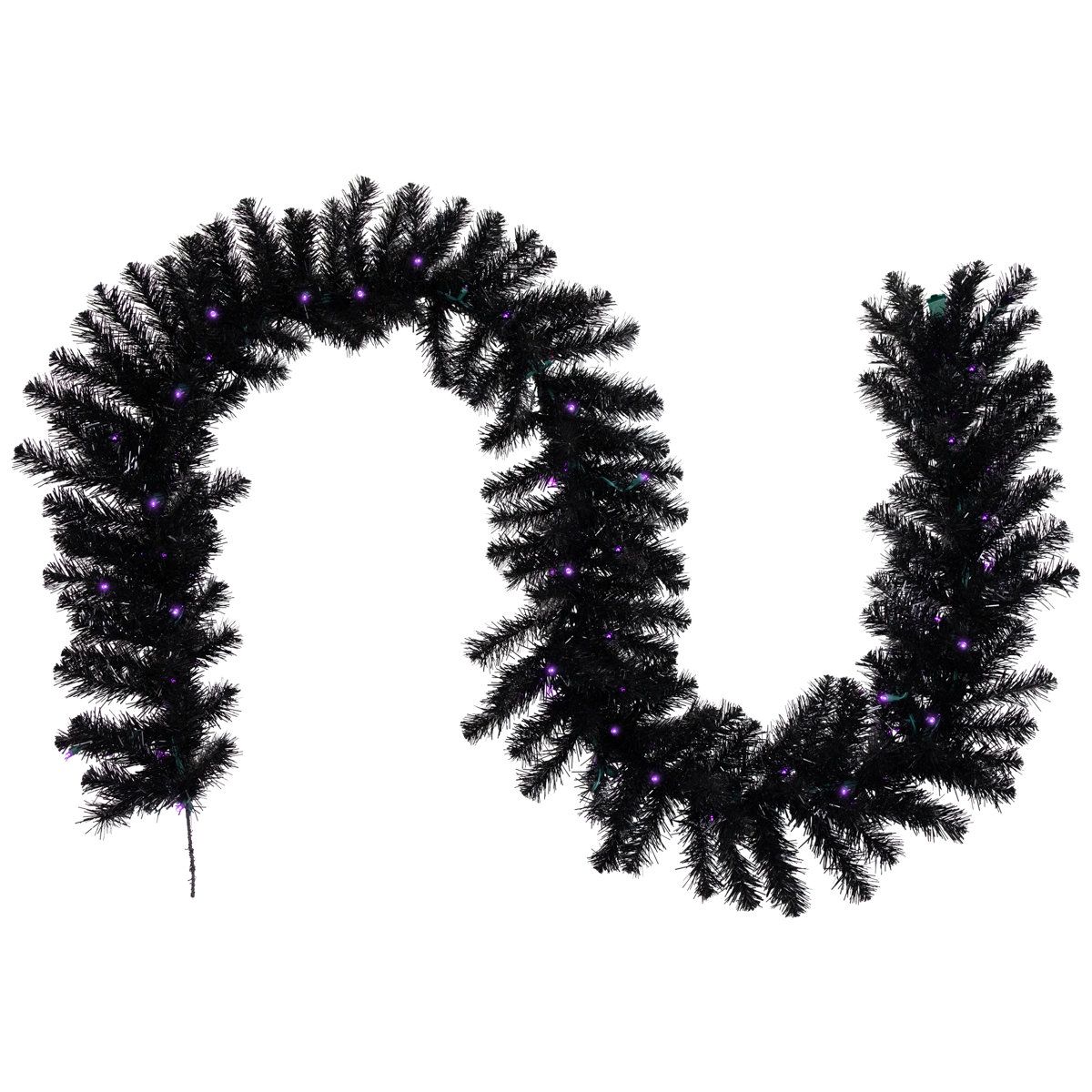 Black Crystal Pine Pre Lit Halloween Garland with Purple LED Lights 9 ft