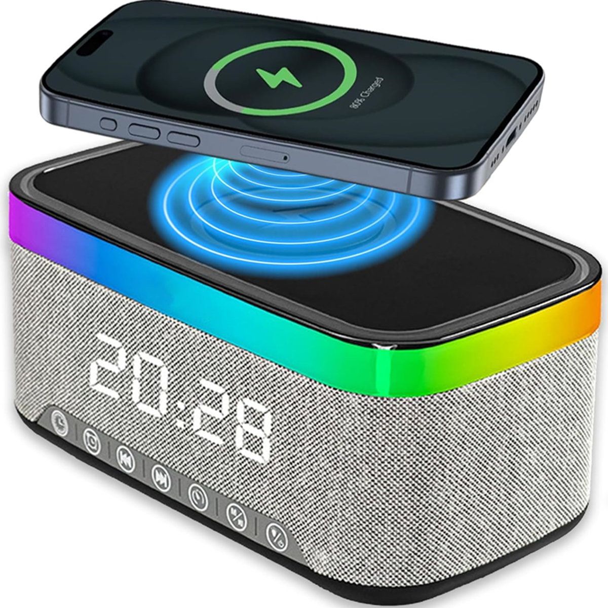 Inbox Zero 6 in 1 15W Wireless Charging Station with Bluetooth Speaker Alarm Clock and Night Light