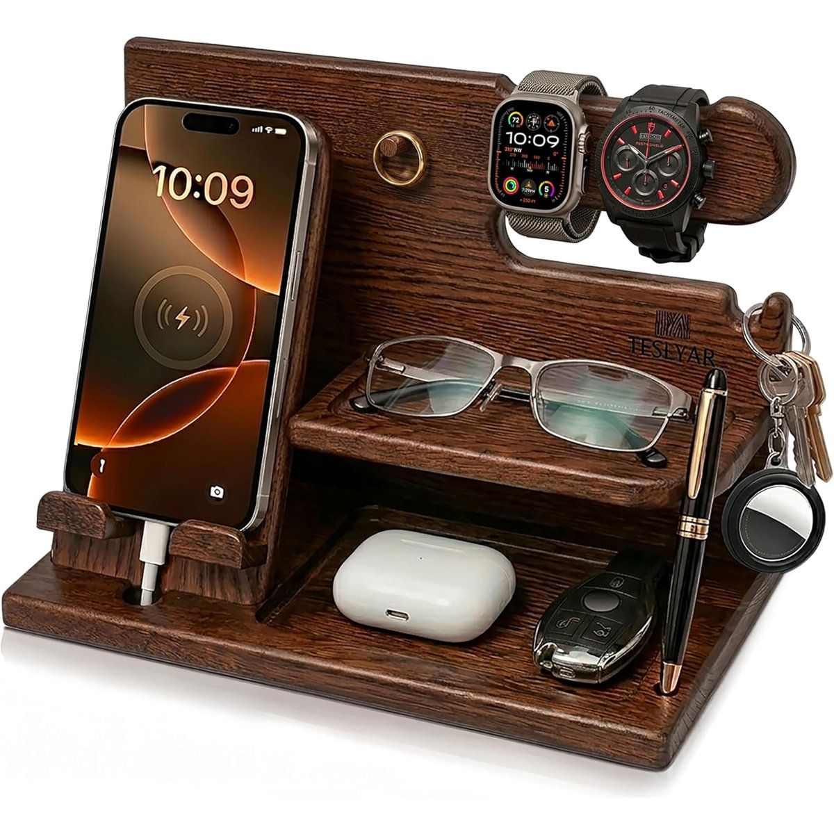 Solid Wood Phone Stand and Desk Organizer with Storage for Men