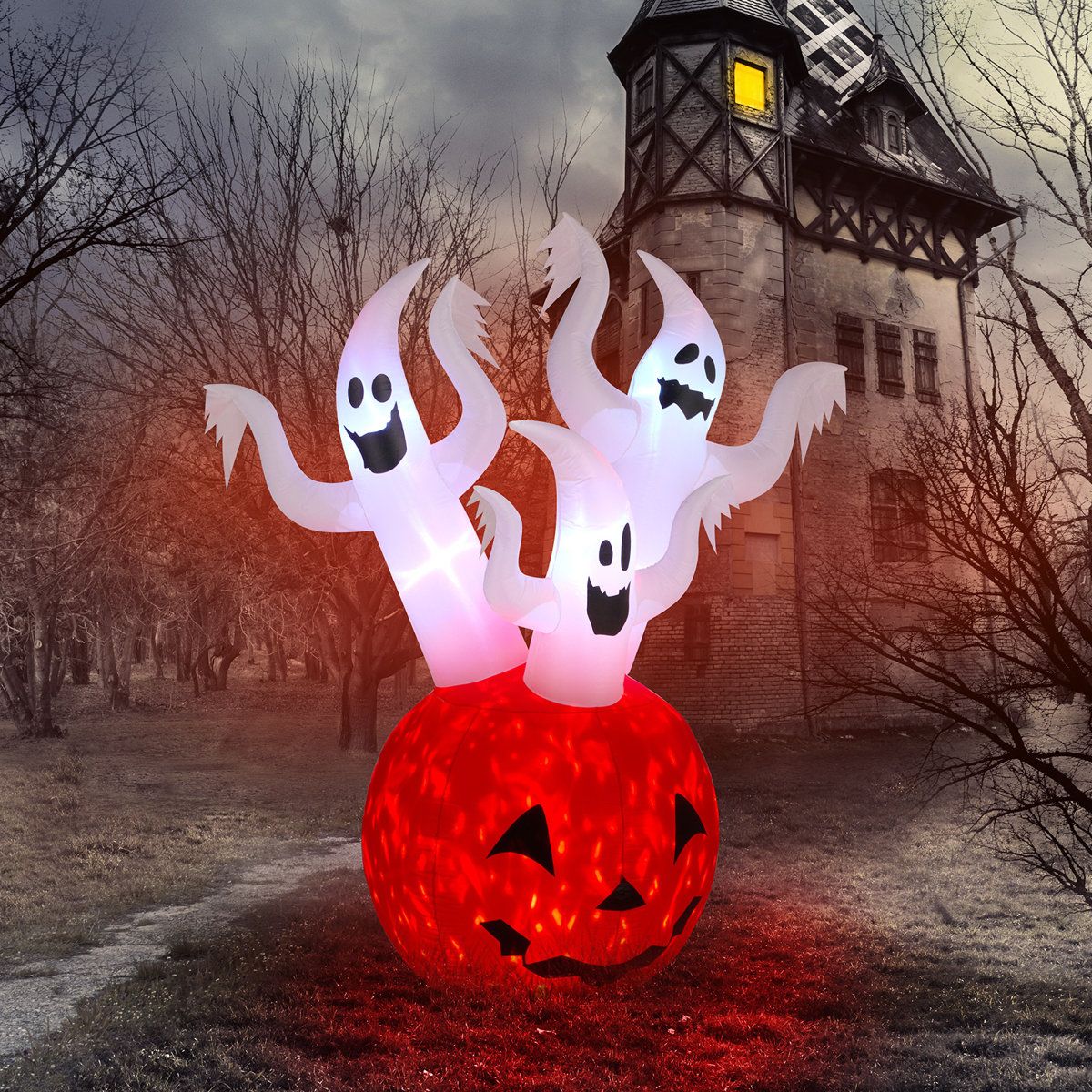 5.9FT Halloween Inflatable Pumpkin Ghost with LED Lights Outdoor Yard Decoration