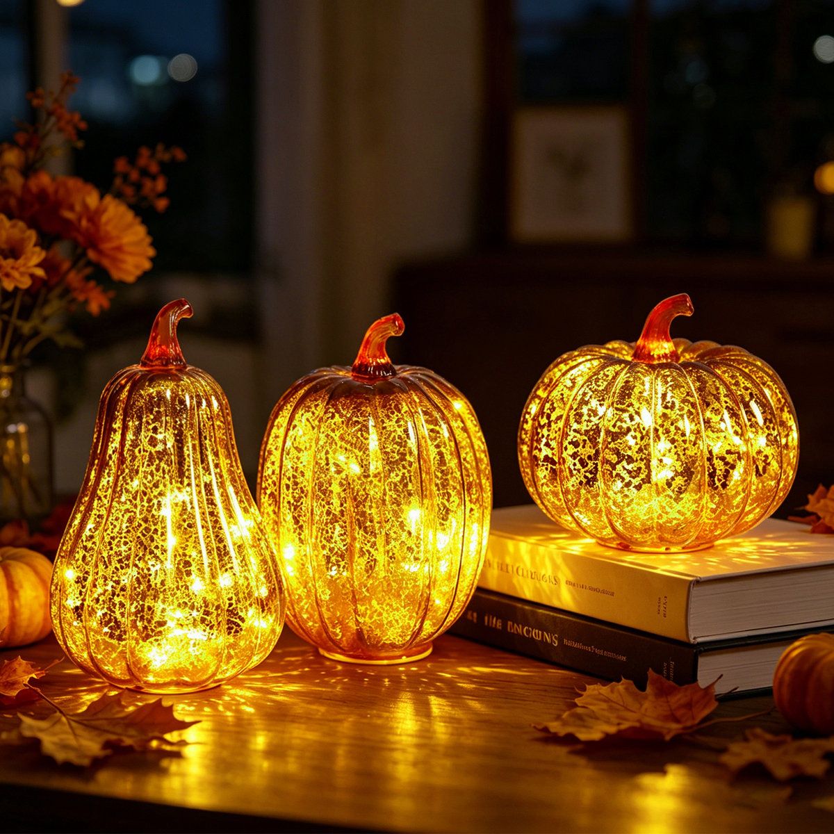 3 Piece Lighted Glass Pumpkin Set with Golden Crackle LED Glow