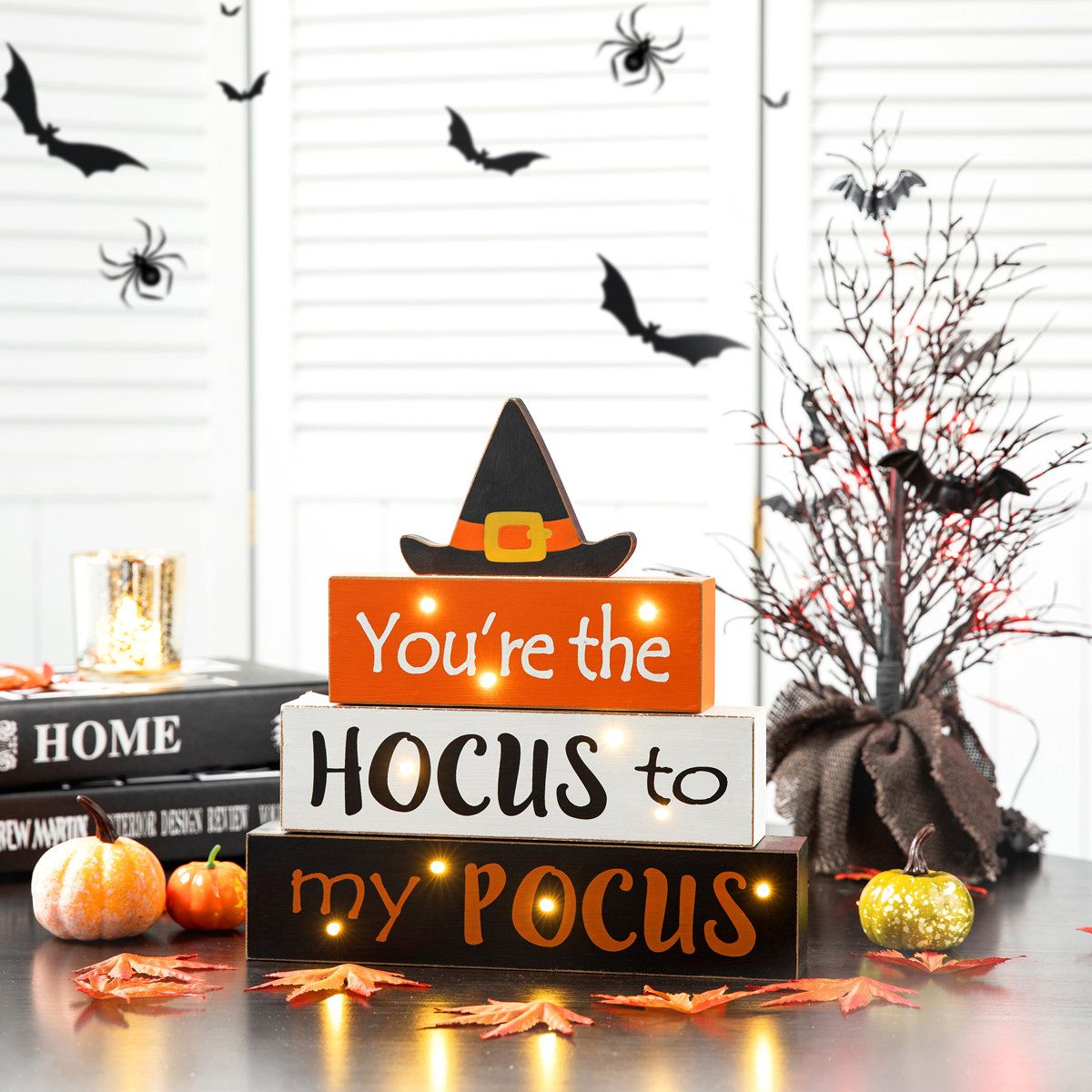 11.5" H Lighted Halloween Wooden Witch Word Block Table Decor